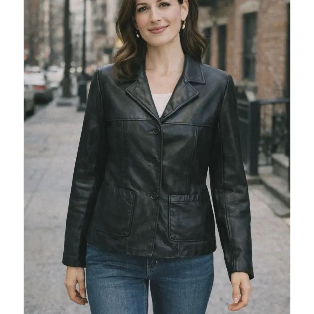 Nine West Vintage 100% leather black button front blazer jacket M